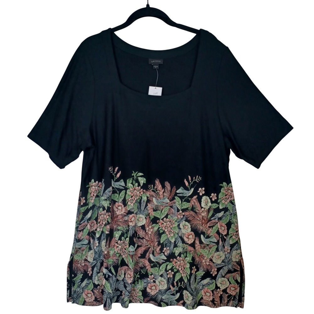J. Jill Wearever Tunic Top XL Black Floral Bird Border Print Square Neck New